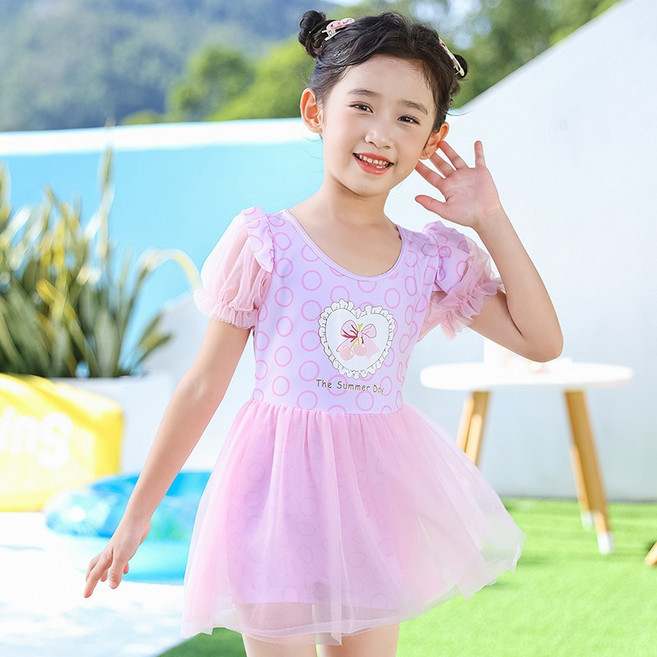 DIU 兒童泳衣中小童夏季甜美可愛蓬蓬裙游泳網紗花邊蝴蝶結仙女泳衣裙