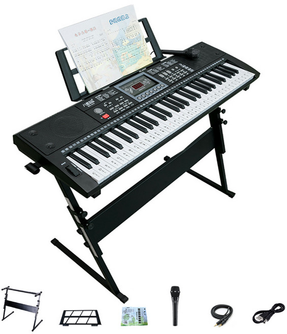 린보 61key 입문용 가정용 전자 디지털피아노+마이크+Z자 스탠드+악보대, 블랙, 1개