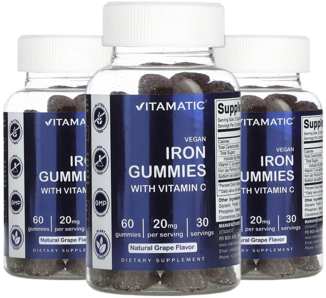 비타매틱 철분 Iron 아이언 비타민C 비건 천연 포도 맛 구미젤리 60개 2+1, 3개, 60회분 - 쿠팡