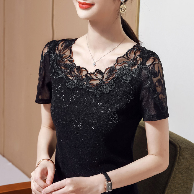 여성용 여름 레이스 트리밍 망사 큐빅 자수 반팔 티셔츠 댄스복 상의 슬림소녀 Women's T-shirt