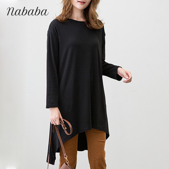 나바바 NT3242 여성 데일리 무지 언발란스 라운드넥 긴팔 롱 티셔츠