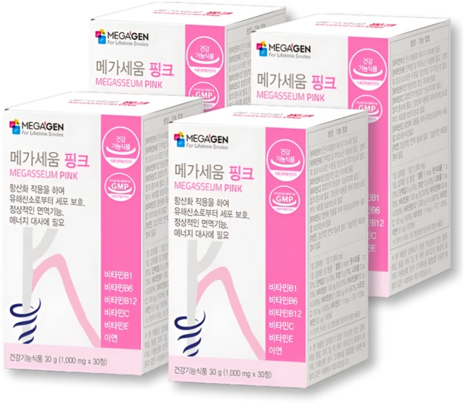 메가세움 핑크 멀티 비타민 B1 B6 B12 C E 아연 1000mg, 4개, 30정 - 쿠팡