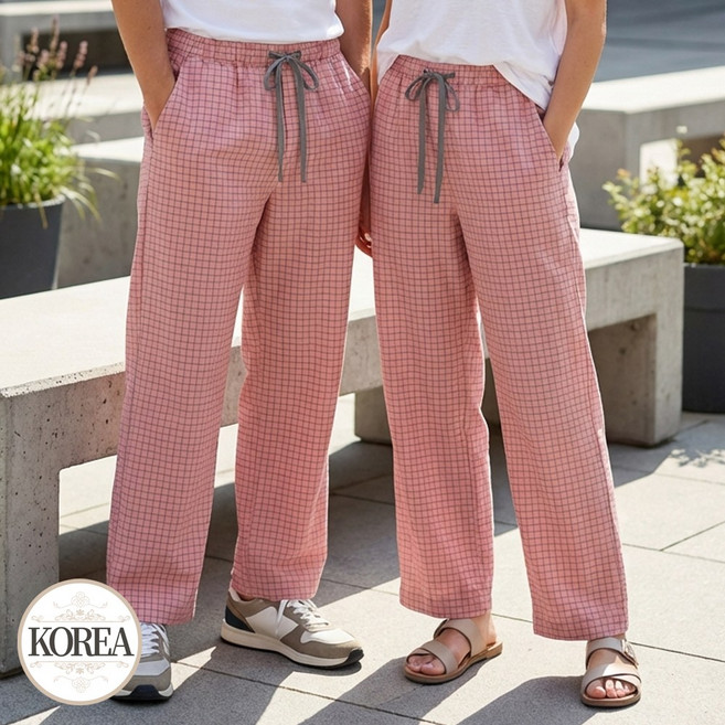 주머니 여성 남성 잠옷 바지 와이드 체크 커플 파자마 9부 홈웨어