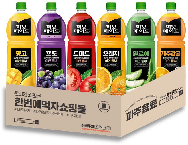 [한번에먹자] 미닛메이드 1.5L 포도 + 오렌지 + 알로에 + 망고 + 토마토 + 제주감귤 과즙음료 6종 혼합세트 가정용 쥬스 탕비실 사무실 음료 골라담기, 6개