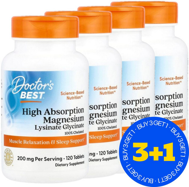 [3+1] 닥터스베스트 Doctor's BEST 고흡수 마그네슘 리시네이트 글리시네이트 200mg 120정 / 해외직구 미국정품, 4개