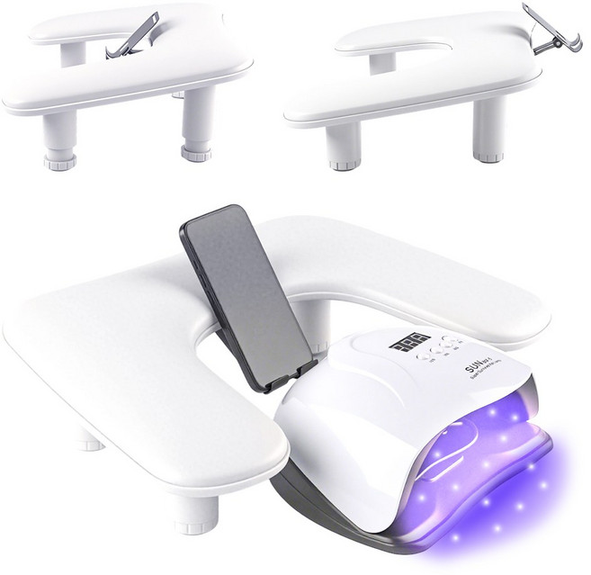 U자형 네일 손 받침대 + 내장형 핸드폰 거치대 - 높이 조절 가능 인체공학적 설계 네일샵/홈용, 1세트, 하얀색