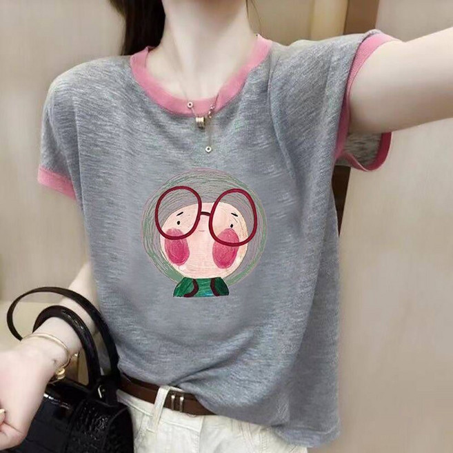 지고다그 여성용 여름용 대사이즈 루즈핏 배색 캐릭터 프린트 반팔 티셔츠 YY30502