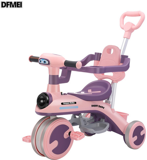 DFMEI 兒童三輪車帶音樂腳踏車多功能寶寶手推車1-3-6歲小孩腳蹬車, 1個, 萊茵粉+護欄+推吧+音樂:參考詳情