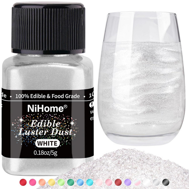 NiHome 식용 글리터 파우더 글리머 광택 더스트 음식 장식 와인 음료 케이크 디저트 스프링클 반짝이 5g 색상다양, 화이트