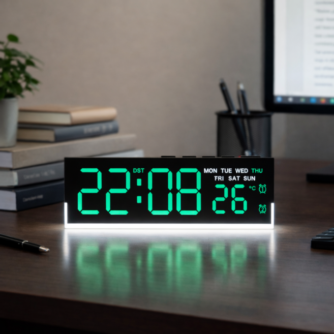 레보나 무드등 LED 무소음 디지털 탁상시계, 그린+블랙케이스