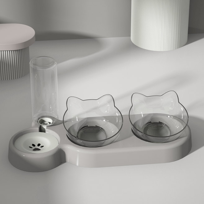 반려동물 사료그릇 고양이 강아지 자동급수 밥그릇 물그릇 식기2구, 1세트, 그레이