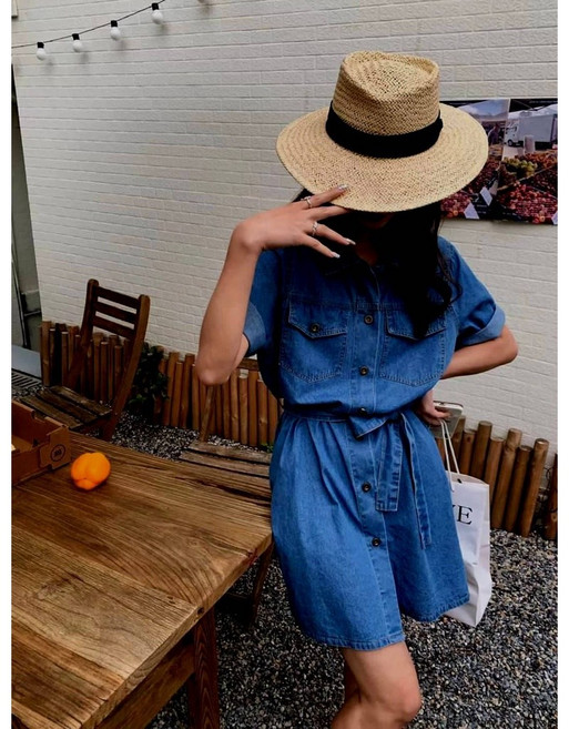 StephenieX 牛仔連身裙，牛仔襯衫裙，短袖，綁帶設計, 深藍