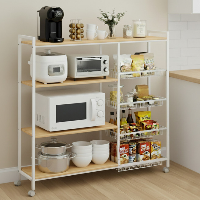 위즈룸 이동식 렌지대 주방 수납장, 우드+화이트