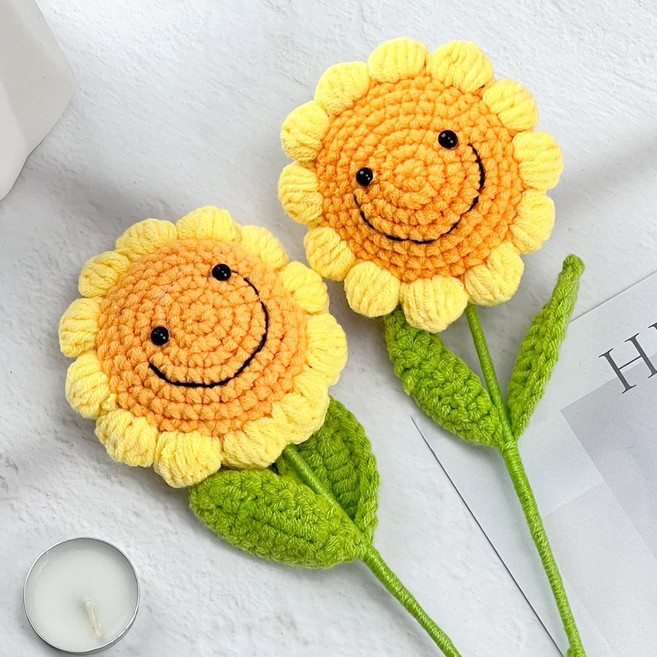 (당일발송) 이지유 뜨개 꽃 DIY 포장리본 세트 시들지않는 졸업식 발렌타인데이 프로포즈 꽃다발 선물, 2개, 옐로우 스마일 해바라기