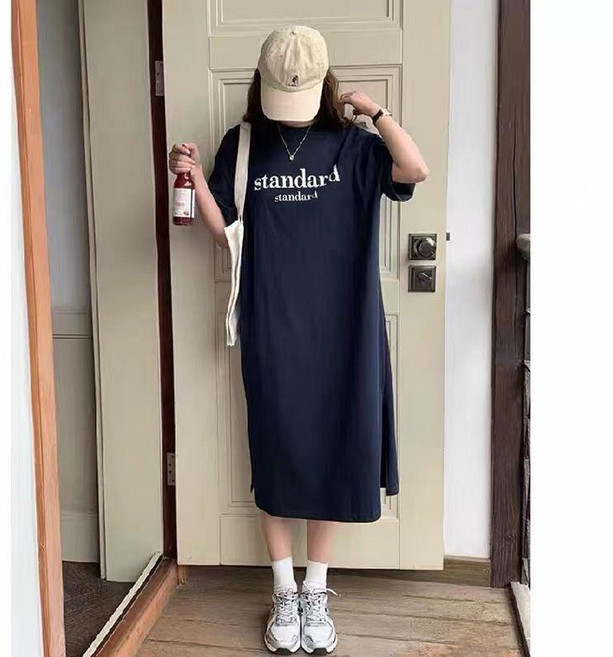 韓系氣質 開叉印花長洋裝 修身顯瘦連衣裙, 灰色,2XL（建議 70–75kg）