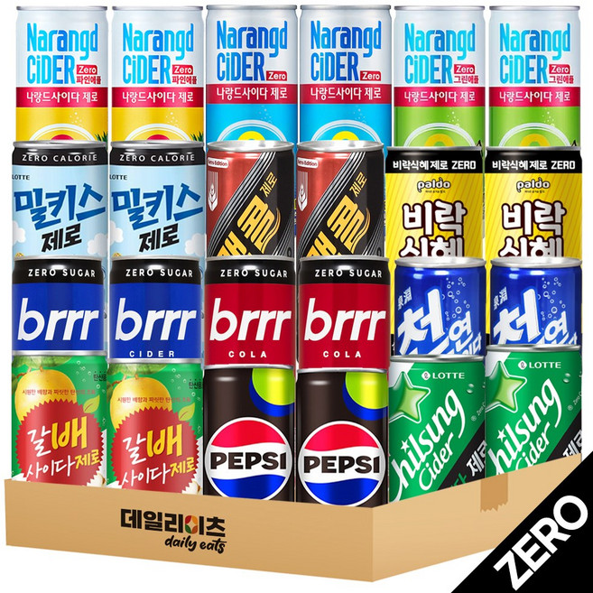 [데일리이츠] 제로칼로리 음료 12종류 2캔씩 총 24캔 혼합세트 [펩시 사이다 밀키스2종 천연 맥콜 비타500스파클 나랑드&그린애플&파인애플 갈배사이다 비락), 2세트, 250ml