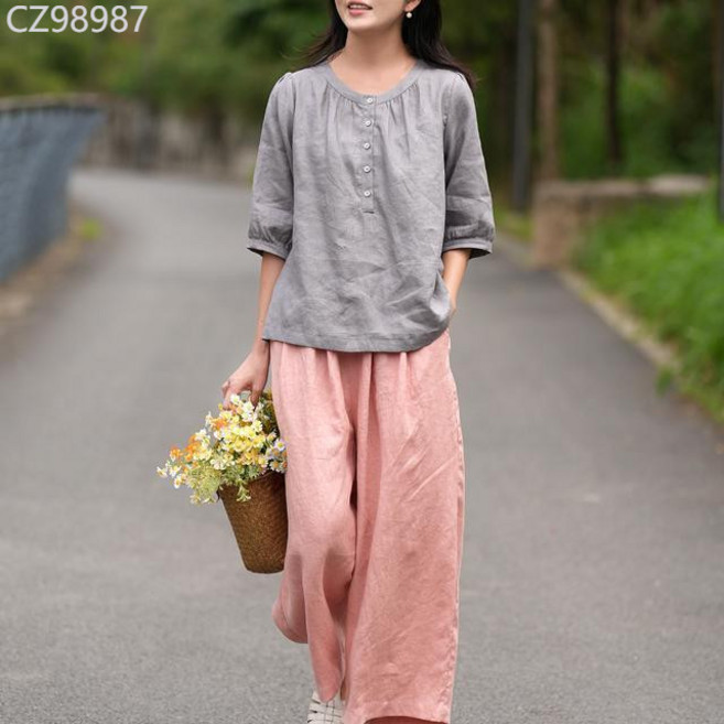 亞麻棉麻色織襯衫 寬鬆上衣 娃娃文藝休閒純色百搭小衫