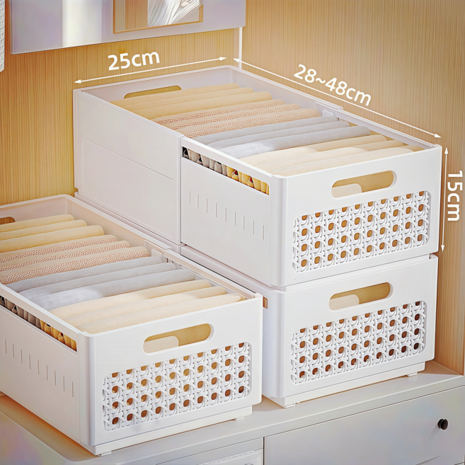 스피덱스 신축 정리함 길이조절 리빙킹 접이식 슬라이딩 수납바구니, 1세트, 특대형 화이트 3개