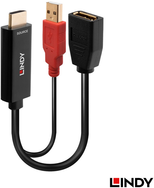 LINDY德商 38289 HDMI2.0轉大DP DISPLAYPORT 4K60HZ轉接器 支援4K@60Hz高解析度 USB供電 隨插即用, 1個