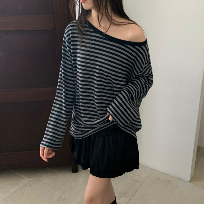 제이블롭 캔디 단가라 보트넥 스트라이프 오프숄더 배색 오버핏