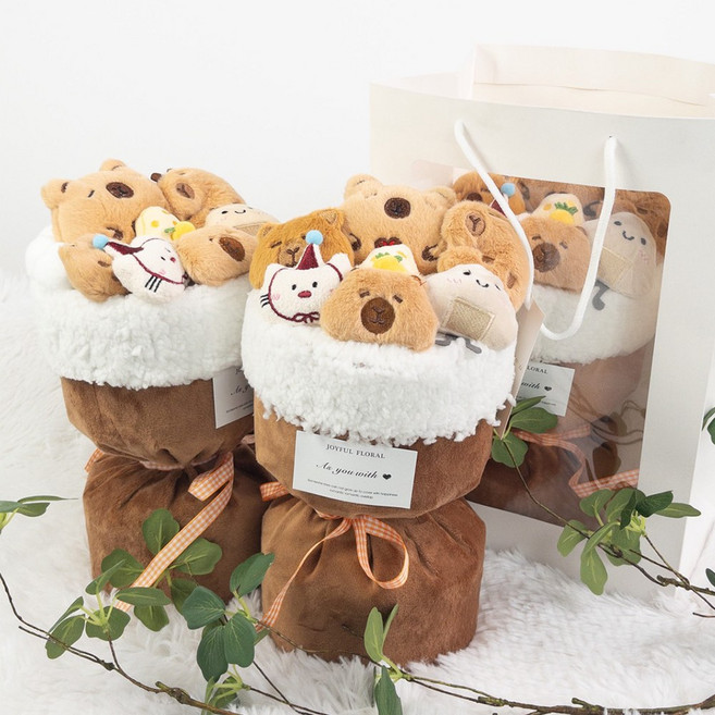 청년토이 선물용 기념일 카피바라 인형꽃다발, 본품+쇼핑백 세트