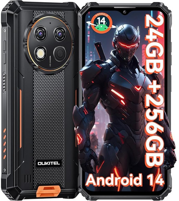 우키텔 G1 러기드 스마트폰 잠금 해제 - 24+256GB/1TB 안드로이드 14 러기드 휴대폰 6.52인치 HD 디스플레이 48MP 후면 카메라 10600m아 배터리 IP68/, 256GB, 오렌지