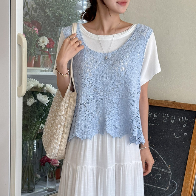 데일리앤 피오니 여름 뜨개 그물 펀칭 스카시 얇은 레이어드조끼 니트 뷔스티에 조끼 크로쉐 베스트