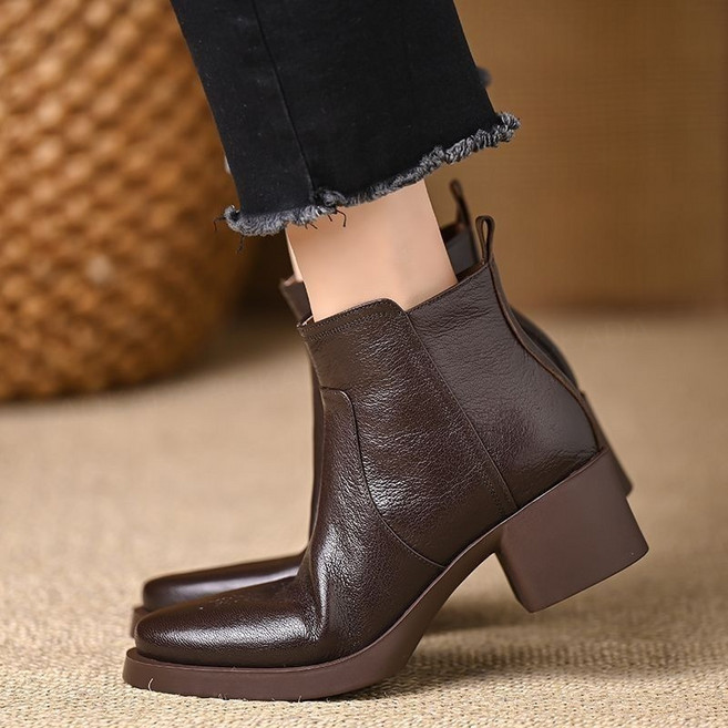 AOKADA 여성 봄 가을 통굽 미들힐 가죽 부츠 발편한 스판 앵글 부츠3CM