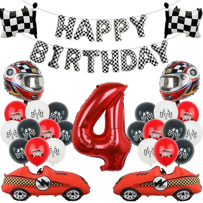 레이스 자동차 파티 생일 축하 배너 바퀴 풍선 케이크 토퍼 소년 14세 이상 포뮬러 1 장식 용품, 01 32인치, 07 250422B03 4