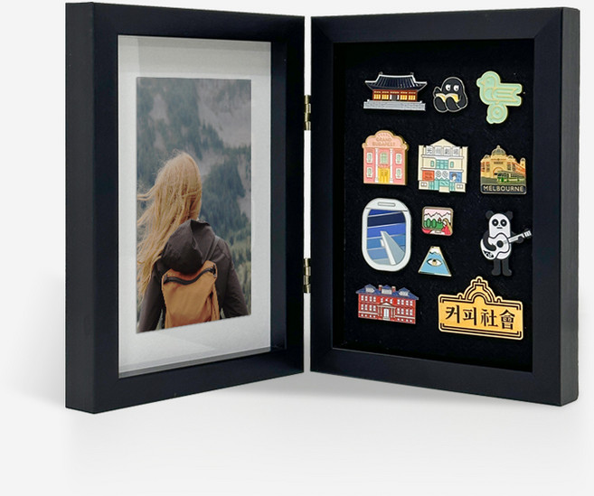 뱃지 프레임 5X7 양면 접이식 핀 뱃지 보관 액자, 사진매트(블랙화이트)+핀보드(블랙), 블랙, 1개