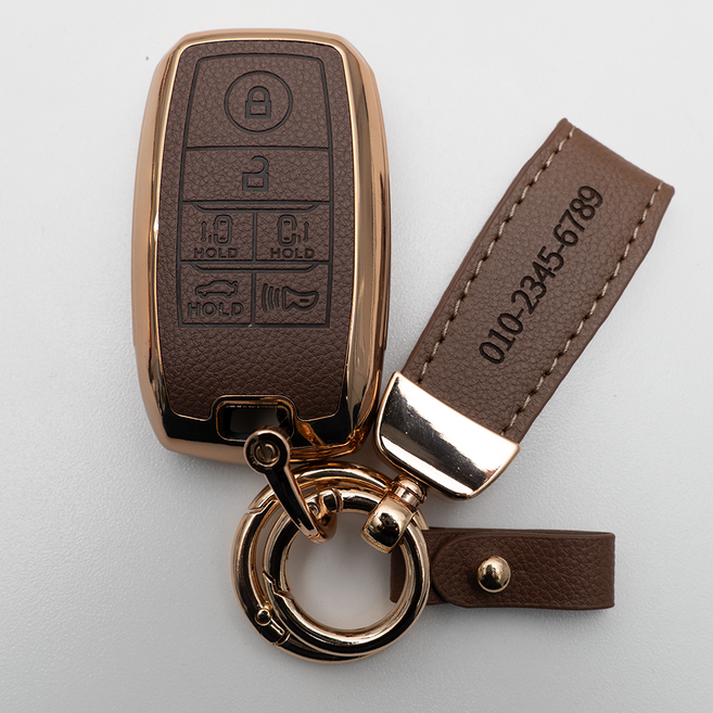양면각인 기아 호환 올뉴카니발 더뉴카니발 그랜드카니발 리모컨 가죽 차키케이스 커버 스마트 6버튼 키홀더 스트랩, KH17_TL05, 브라운골드