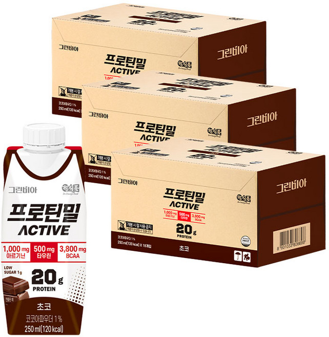 정식품 그린비아 프로틴밀 액티브 초코맛 프로틴음료 고단백질영양설계 아르기닌 저당설계, 54개, 250ml