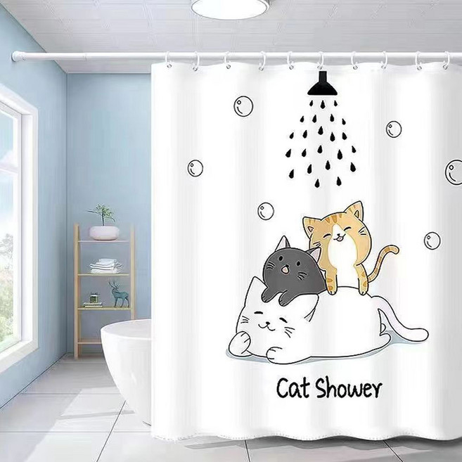 패브릭 욕실 샤워커튼 캣샤워 + 커튼링(12p) 세트, 혼합색상, 1개