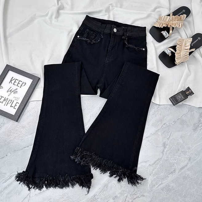 페이준 여성 봄 가을 퍼 트리밍 부츠컷 청바지 얇은 하이웨스트 날씬해 보이는 수술 나팔바지 LN025