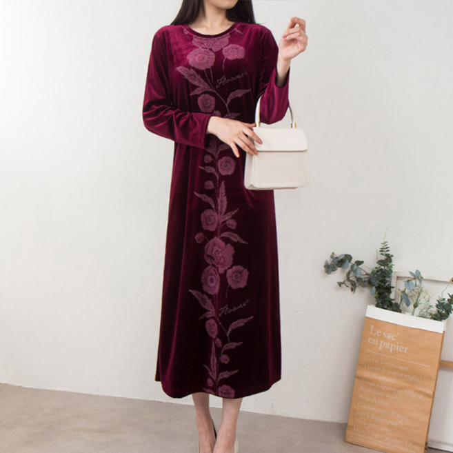 까르죠아 벨벳 플라워 롱 원피스 홈웨어 여성 마담 중년 여성 의류 엄마옷 60대 70대 할머니옷 융드레스