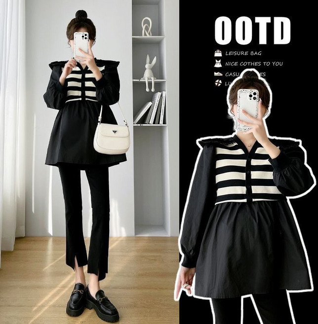 임산부 셔츠 블라우스 임부복 상의 캐주얼 페이크 투피스 긴팔티 기질 임부 셔츠 남방 ZZL