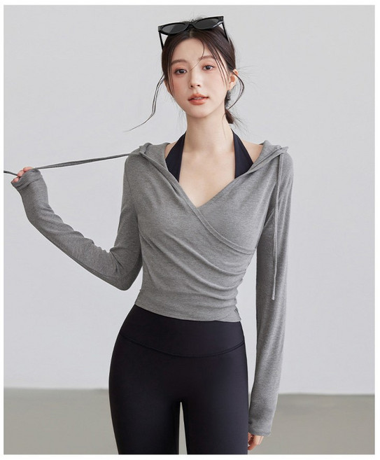 그리리 후드 크롭 티셔츠 셔링 랩 커버업 요가 필라테스 헬스 런닝 여성