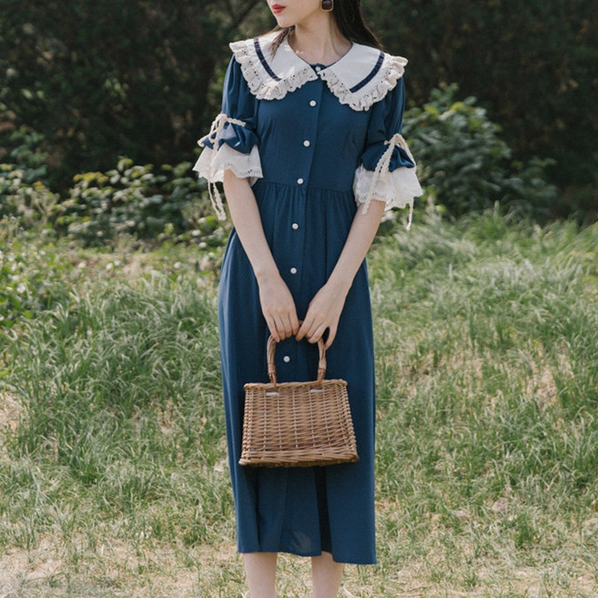 (대여) 빈티지블루 빅레이스카라 원피스 경성의상