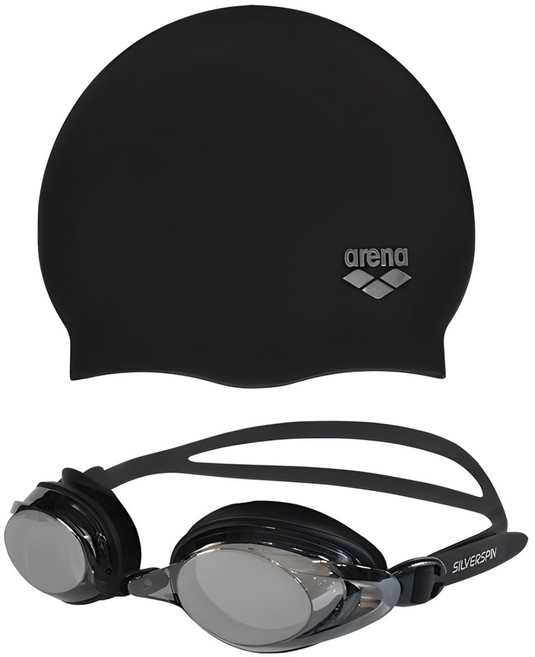 아레나 실리콘 수영모자 01플레인 A2AC1AC01 블랙 + 실버스핀 미러수경 SGT-601M 블랙 실내수영 2종 SET, 01플레인_BK+SGT-601M_BK, 1개