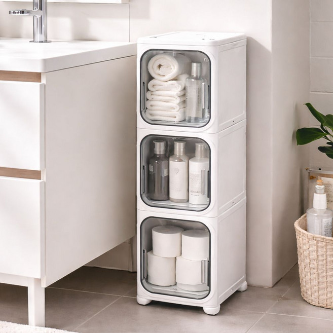 우노마스 틈새 투명 이동식 욕실 거실 세탁실 수납장, 1개, 화이트