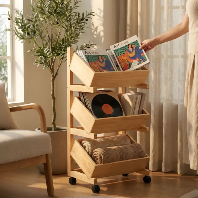 우디롤 원목트롤리 이동식 단 카트 선반 보조 주방 미용 서빙카 정리함 원목웨건 침실, 3단, 내추럴