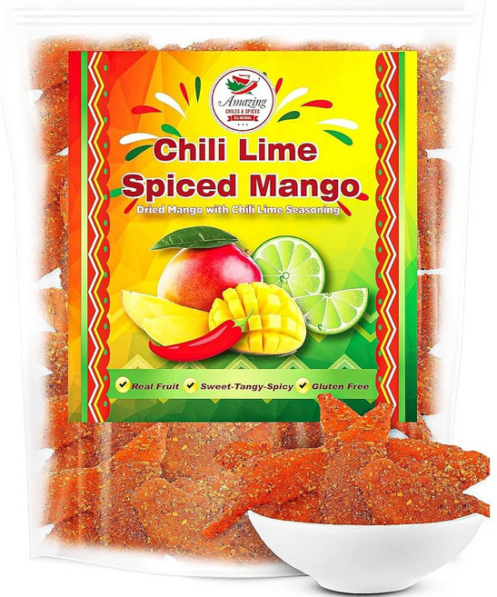 칠리 라임 말린 망고 슬라이스 1LB 멕시코 캔디 스위트 스파이시 과일 스낵 칠레 리몬을 뿌린 부드러운 쫄깃한 쏘는 둘체 멕시카노 엔칠라도 인공 향료나 색소 없음 재봉입 가능한, 1 Pound (Pack of 1), 1개