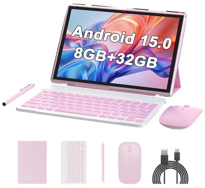 10인치 안드로이드 15 태블릿 키보드 스타일러스 8GB RAM 투인원 마우스 보호 케이스 6000mAh 배터리 Wi Fi 6 듀얼 카메라 32GB ROM 세트 PC 포함 핑크