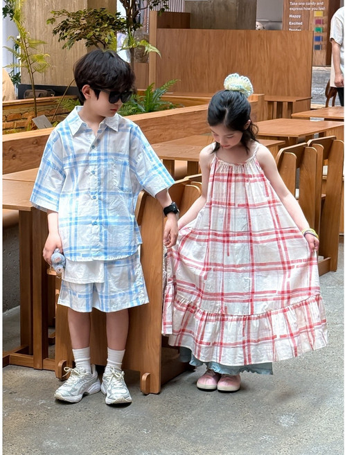하와즈 시원체크 끈나시 원피스 카라셔츠 반바지세트 형제룩