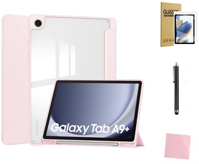 갤럭시탭A9플러스 펜수납 아크릴 북커버 케이스+9H강화유리필름+터치펜+클리너 SM-X210 X216, 핑크