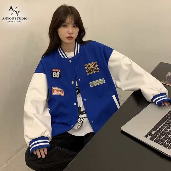 ANYOU 빈티지 스타일 오버사이즈 자켓 여성용 남성용 블루 컬러 패치 디자인 스포츠 캐주얼 자켓