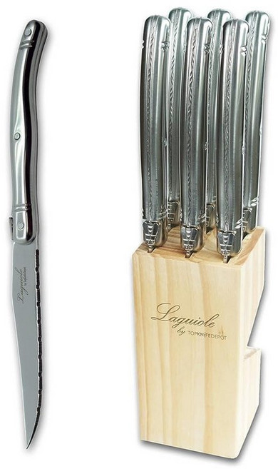 TopKnife Laguiole 스테이크 나이프 6개 세트 - 스테인리스 스틸 손잡이 - 소나무 블록, 나이프 세트 6개 - 톱니 블레이드 - 소나무 블록, 1개