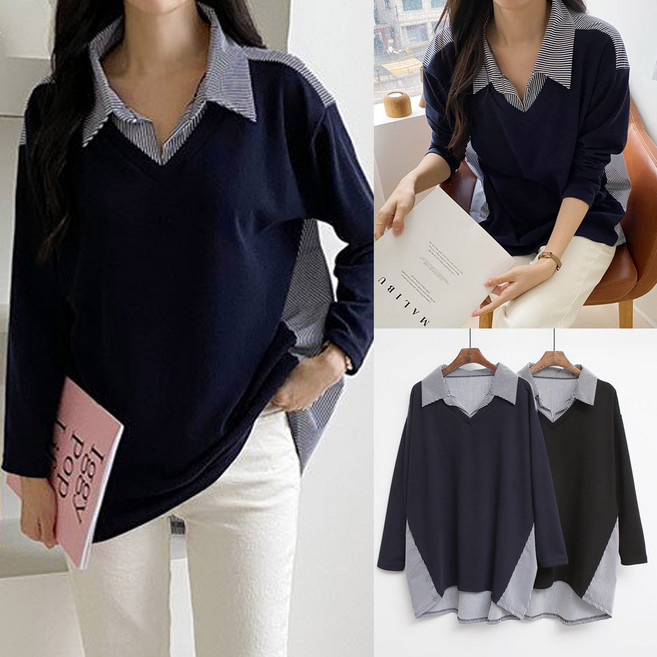 여성 오버핏 줄무늬 브이넥 카라 셔츠 레이어드 티셔츠 오피스룩 스판