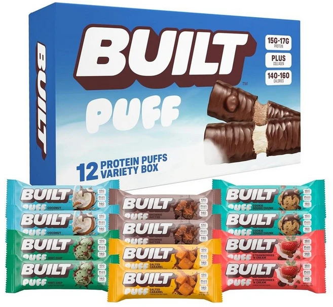 Built Bar Puffs Bars Mixed 빌트 퍼프바 고단백 에너지바 브라우니 배터 추로 코코넛, 12개 - 쿠팡