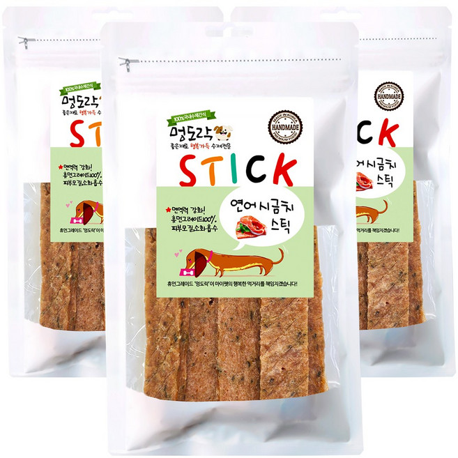 멍도락 국내산 수제간식 연어 시금치스틱 강아지 피부 모질 면역력 건강도움, 3개, 80g, 연어시금치